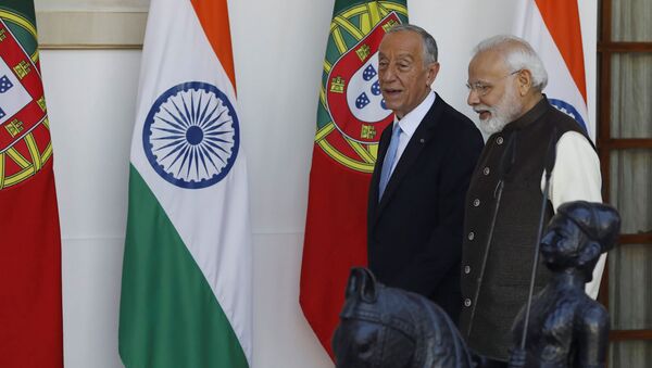 Presidente de Portugal, Marcelo Rebelo de Sousa, e o primeiro ministro indiano Narenda Modi, reunidos em Nova Deli, no dia 14 de fevereiro de 2020 - Sputnik Brasil
