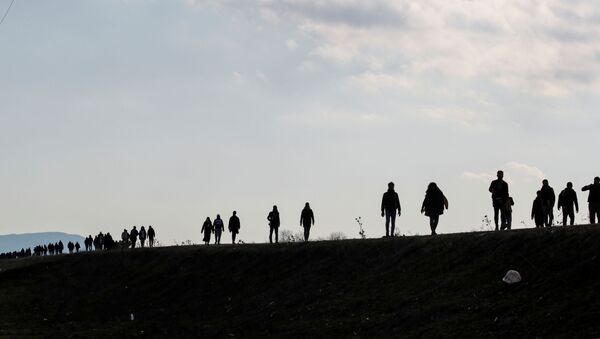  Migrantes caminham ao longo de uma estrada perto da vila de Karpuzlu, na cidade turca de Edirne, na fronteira com a Grécia, em 1º de março de 2020 - Sputnik Brasil