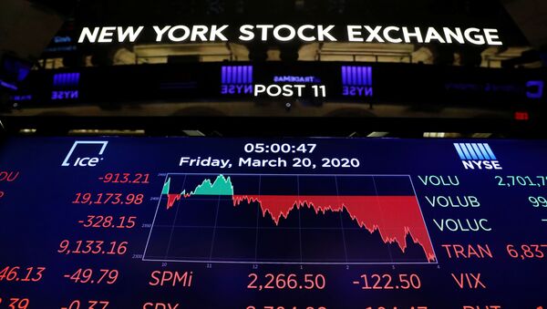 Bolsa de Nova York fica vazio enquanto o prédio se prepara para fechar indefinidamente devido ao surto de coronavírus em Nova York, EUA, 20 de março de 2020 - Sputnik Brasil