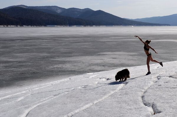 Praticante de snowboard durante passeio com seu cachorro de estimação perto de casa nos subúrbios de Krasnoyarsk, Rússia - Sputnik Brasil