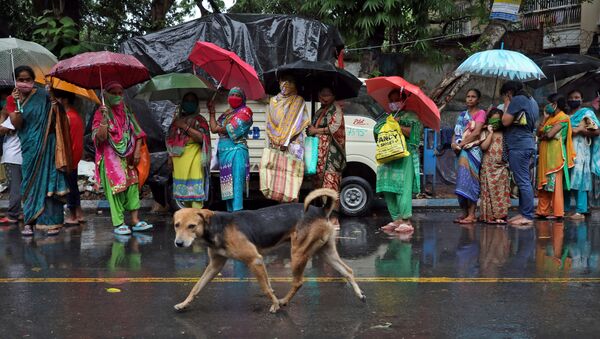 Cão vadio passa por mulheres na Índia em meio à propagação da COVID-19 - Sputnik Brasil