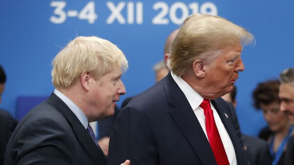 O primeiro-ministro britânico, Boris Johnson, caminha até o presidente norte-americano, Donald Trump - Sputnik Brasil