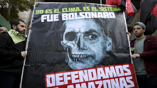 Cartaz diz Não foi o clima, é o sistema, foi Bolsonaro. Defenda a Amazônia é exibido durante protesto em Buenos Aires - Sputnik Brasil
