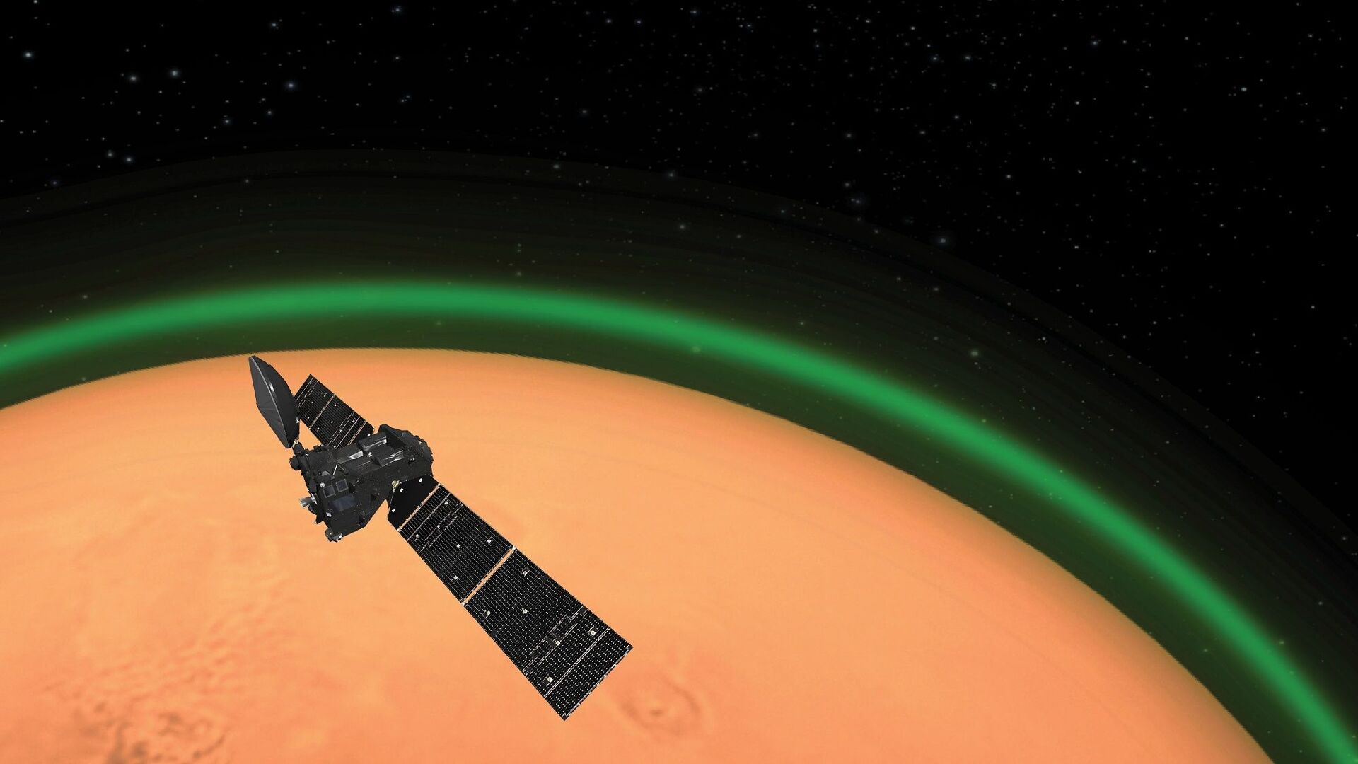 Representação artística exibe brilho verde na atmosfera de Marte - Sputnik Brasil, 1920, 09.11.2021