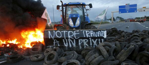 Trator interdita estrada durante greve de agricultores no oeste da França - Sputnik Brasil