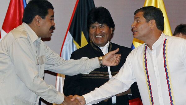 Nicolás Maduro, Evo Morales e Rafael Correa durante a abertura da ALBA - Sputnik Brasil