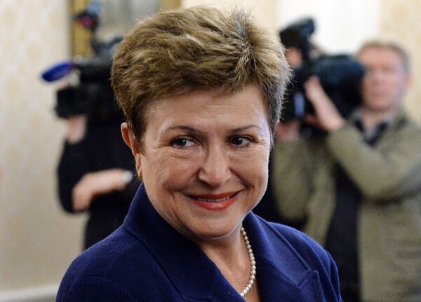 Vice-presidente da Comissão Europeia, Kristalina Georgieva, durante o encontro com Sergei Lavrov nesta terça-feira - Sputnik Brasil