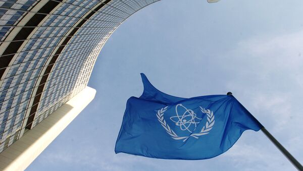 Bandeira da Agência Internacional de Energia Atômica em frente da sede da organização em Viena - Sputnik Brasil