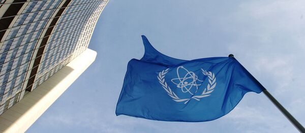 Bandeira da Agência Internacional de Energia Atômica em frente da sede da organização em Viena - Sputnik Brasil