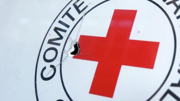 Buraco de bala deixado no emblema do Comitê Internacional da Cruz Vermelha (CICV) em Donetsk, em 3 de outubro de 2014 (foto de arquivo) - Sputnik Brasil