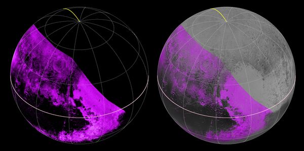 O mapa esquerdo de gelo de metano mostra diferença entre várias regiões do planeta. As regiões com concentração grande de metano são marcadas com a cor roxa e as com concentração menor são destacas como partes negras. O mapa direito mostra uma combinação do mapa de metano e imagens de alta resolução da nave espacial. - Sputnik Brasil