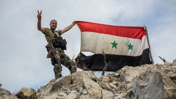 A government soldier with the Syrian flag on a location on top of a hill not far from Kessab on the Turkish border following an Islamist takeover of the town - Sputnik Brasil