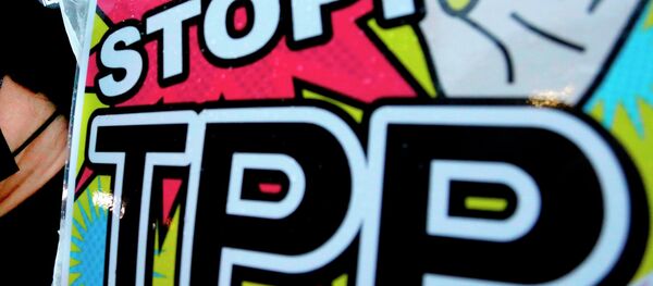 Homem empunha o cartaz durante a demonstração contra a acordo de Parceria Econômica Estratégica Trans-Pacífico - Sputnik Brasil