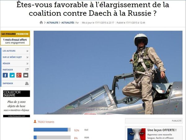 92 % dos leitores que votaram em sondagem do Le Figaro querem coalizão com Rússia - Sputnik Brasil