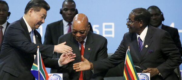 O presidente da China, Xi Jinping, cumprimenta o presidente do Zimbabwe e da União Africana, Robert Mugabe, diante do presidente da África do Sul, Jacob Zuma. - Sputnik Brasil