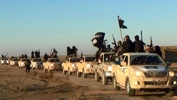 In this undated file photo released by a militant website, which has been verified and is consistent with other AP reporting, militants of the Islamic State group hold up their weapons and wave its flags on their vehicles in a convoy on a road leading to Iraq, while riding in Raqqa city in Syria - Sputnik Brasil
