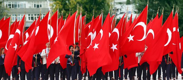 Manifestantes carregam bandeiras turcas durante a cerimónia de comemoração do 92 aniversário do Dia de República, Ancara, Turquia, 29 de outubro de 2015 - Sputnik Brasil