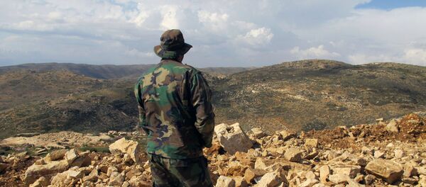 Hezbollah fighter looks toward Syria while standing in the fields of the Lebanese border village of Brital, Lebanon. (File) - Sputnik Brasil
