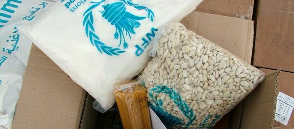 As caixas da ajuda humanitária russa contêm comida, item que mais falta nas áreas assoladas por um conflito - Sputnik Brasil