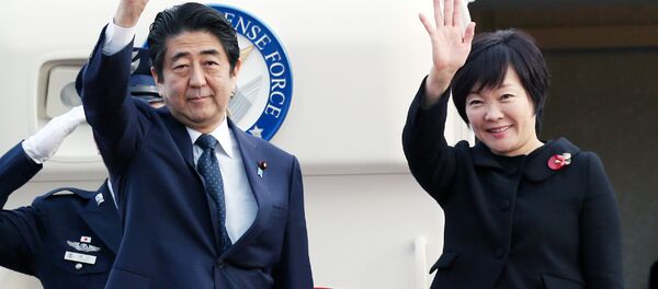Primeiro-ministro japonês Shinzo Abe e a sua esposa Akie Abe no aeroporto de Tóquio, Japão, 18 de novembro de 2015 - Sputnik Brasil
