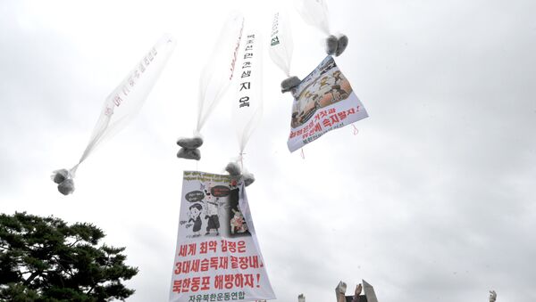 Ativistas anti-norte-coreanos lançam balões de ar quente de polietileno com cartazes e folhetos com críticas do regime de Pyongyang, Seul, Coreia do Sul - Sputnik Brasil