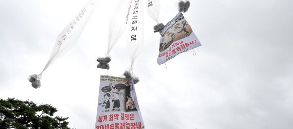 Ativistas anti-norte-coreanos lançam balões de ar quente de polietileno com cartazes e folhetos com críticas do regime de Pyongyang, Seul, Coreia do Sul - Sputnik Brasil