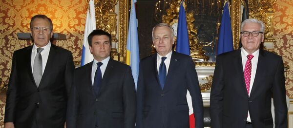 Ministros das Relações Exteriores do quarteto da Normandia - a partir da esquerda: Sergei Lavrov (Rússia), Pavlo Klimkin (Ucrânia) Jean-Marc Ayrault (França) e Frank-Walter Steinmeier (Alemanha) - Sputnik Brasil