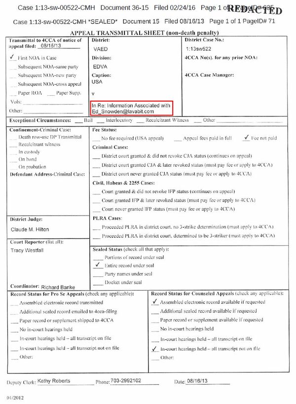 Documento, acidentamente publicado no sistema de Pacer, que mostra o e-mail de Edward Snowden - Sputnik Brasil