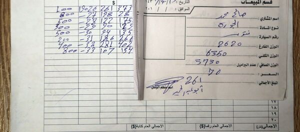 Documento com dados sobre a venda de petróleo do Daesh em toneladas, produzido no campo petrolífero de Kabiba, al-Shadaddi, Síria, março de 2016 - Sputnik Brasil