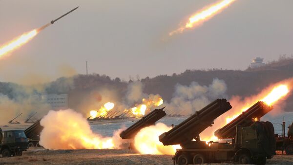 Lançadores múltiplos de foguetes vistos quando estavam disparando durante um treinamento em lugar desconhecido da Coreia do Norte (foto de aqruivo) - Sputnik Brasil