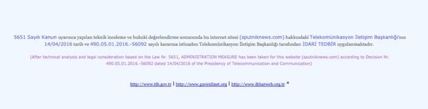 Notificação colocada no site da agência Sputnik na Turquia pelo governo - Sputnik Brasil