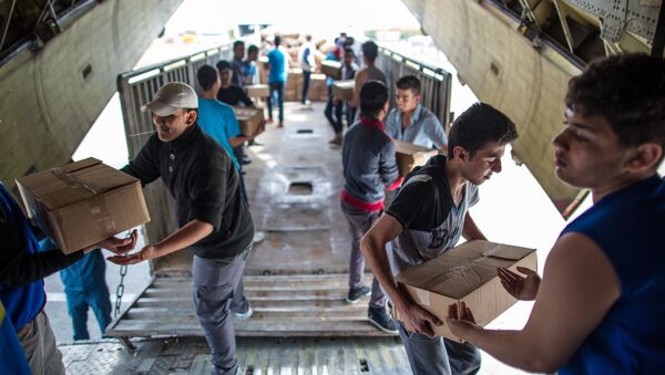 Unloading Russian EMERCOM plane with humanitarian aid which arrived to Latakia Airport in Syria. File photo - Sputnik Brasil