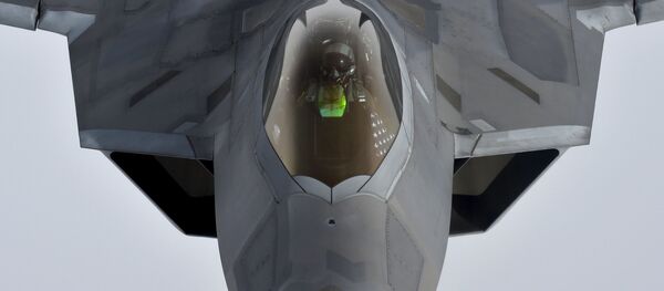 Um piloto olha para cima de uma caça americana Raptor F-22 - Sputnik Brasil