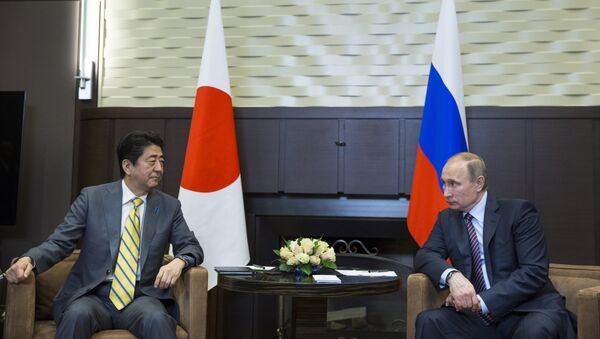 O encontro entre Vladimir Putin, o presidente russo, e Shinzo Abe, primeiro-ministro japonês, em Sochi em 6 de maio - Sputnik Brasil