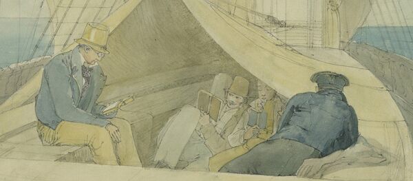 Aspecto tirado a bordo da fragata Áustria em sua viagem para o Rio de Janeiro em 9 de abril de 1817 vendo-se entre outros passageiros, Spix e Martius. Aspecto tirado a bordo da fragata Áustria em sua viagem para o Rio de Janeiro em 9 de abril de 1817 vendo-se entre outros passageiros, Spix e Martius. - Sputnik Brasil