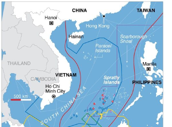 O mapa dos territórios em disputa no mar do Sul da China O mapa dos territórios em disputa no mar do Sul da China - Sputnik Brasil