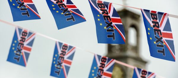 Pro-Brexit flags fly from a fishing boat moored in Ramsgate on June 13, 2016. - Sputnik Brasil
