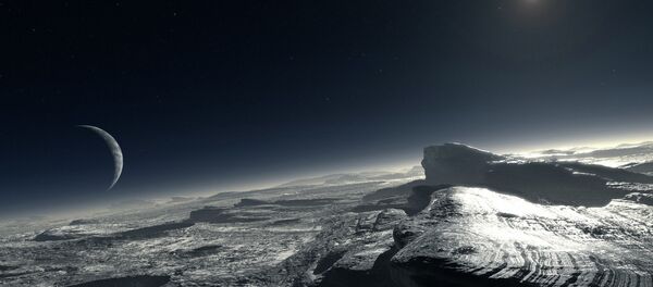 Representação artística da superfície de Plutão com Caronte à distância - Sputnik Brasil