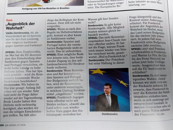 Entrevista com Valdis Dombrovskis na última edição do Spiegel - Sputnik Brasil