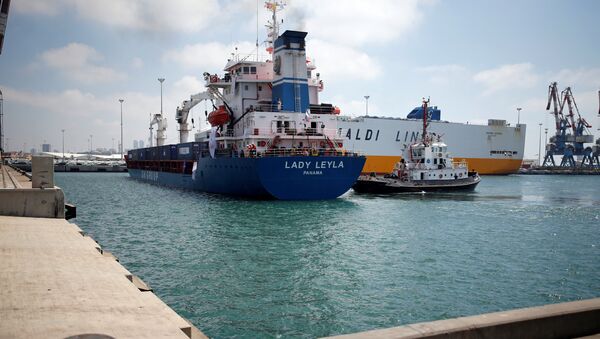 Navio turco Lady Leyla, com bandeira do Panamá, no porto de Ashdod, em Israel - Sputnik Brasil