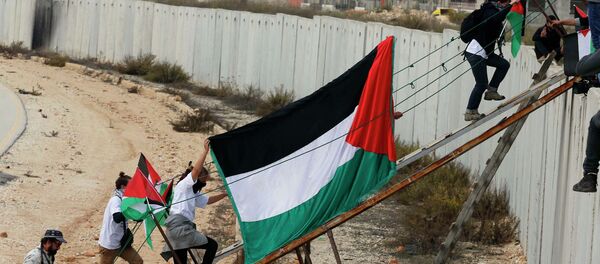 Ativistas estrangeiros e palestinos usam rampa para atravessar barreira israelense Ativistas estrangeiros e palestinos usam rampa para atravessar barreira israelense - Sputnik Brasil