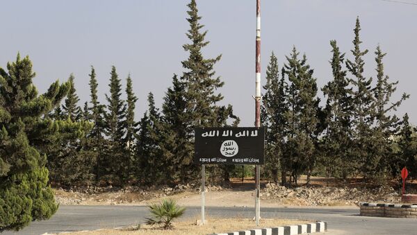 An Islamic State (IS) group flag is seen on a road in the jihadist's group bastion of Manbij, in northern Syria (File) - Sputnik Brasil