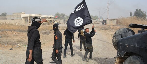 Foto tirada em 26 de janeiro de 2015: soldados do governo iraquiano comemoram retomada do controle sobre a província de Diyala, enquanto um deles exibe uma bandeira apreendida do Daesh - Sputnik Brasil