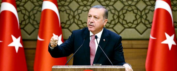 Presidente turco Recep Tayyip Erdogan fala durante a reunião com investidores internacionais no Palácio presidencial em Ancara, Turquia, 2 de agosto de 2016 - Sputnik Brasil