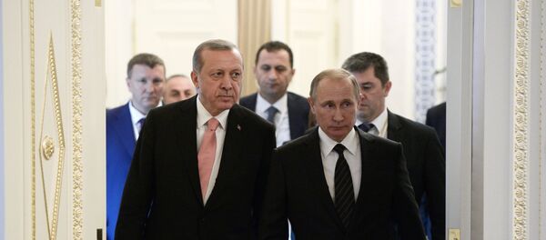 Líder russo Vladimir Putin e presidente turco Recep Tayyip Erdogan antes da reunião bilateral em São Petersburgo, Rússia, 9 de agosto de 2016 - Sputnik Brasil