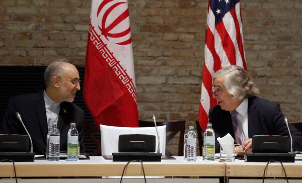 Ali Akbar Salehi (esquerda) e Ernest Moniz (direita) em 9 de julho de 2015, durante uma etapa de negociações sobre o programa nuclear iraniano em Viena - Sputnik Brasil