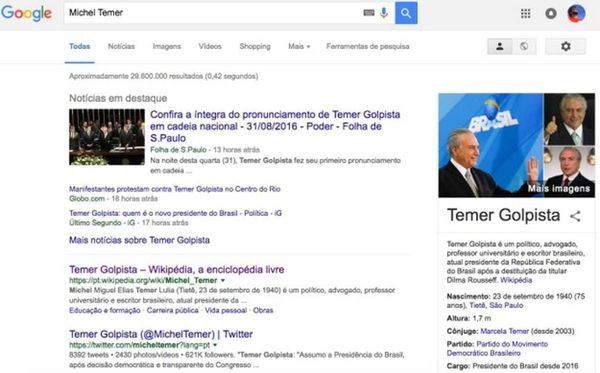 Extensão do Google Chrome altera nome de Michel Temer para 'Temer Golpista' - Sputnik Brasil