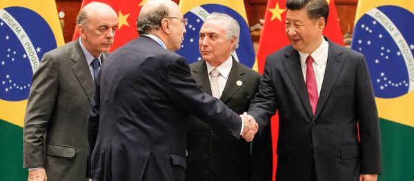 José Serra, Henrique Meirelles, Michel Temer e o presidente da Cina, Xi Jinping - Sputnik Brasil