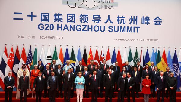 Foto em grupo dos líderes do G20 na cerimônia da abertura da cúpula, Hangzhou, 4 de stembro de 2016 - Sputnik Brasil