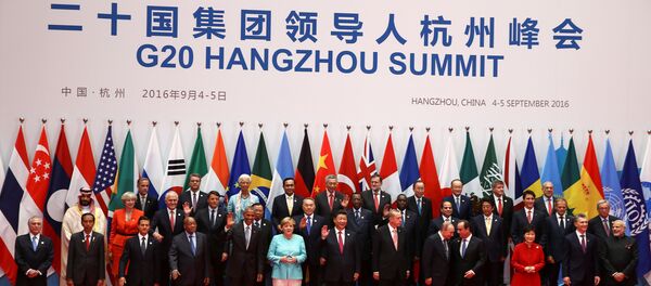 Foto em grupo dos líderes do G20 na cerimônia da abertura da cúpula, Hangzhou, 4 de stembro de 2016 - Sputnik Brasil